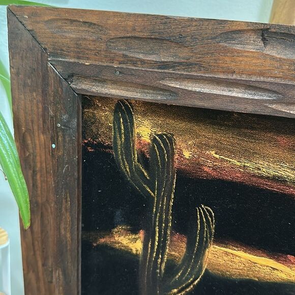 Vintage Desert Sunset Black Velvet Painting Wooden Framed Desert Landscape - Picture 3 of 17